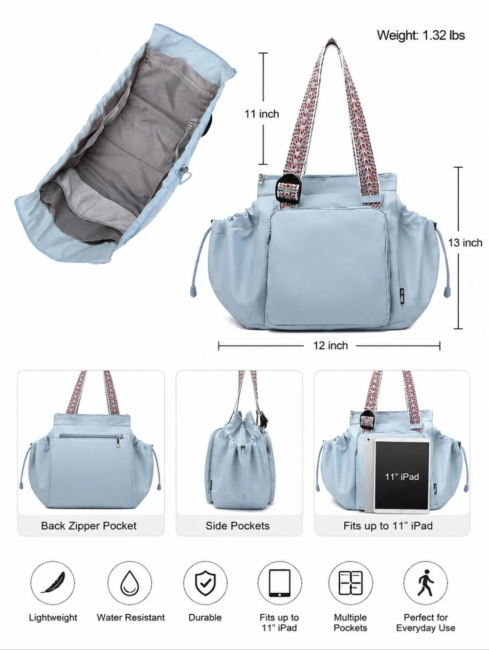 Light Blue Women's Tote/backpack  Bag with Patterned Straps